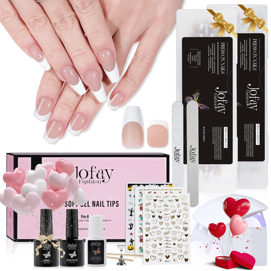 French Gel Nail Tips Kit, Jofay Fashion 480Pcs French Tip Press On Nails Kit,240Pcs Short Square Fake Nails,240Pcs Coffin acrylic nails, xCoat Tips Pre-Base Coat &Pre-Made French Tips, Glue On Nails