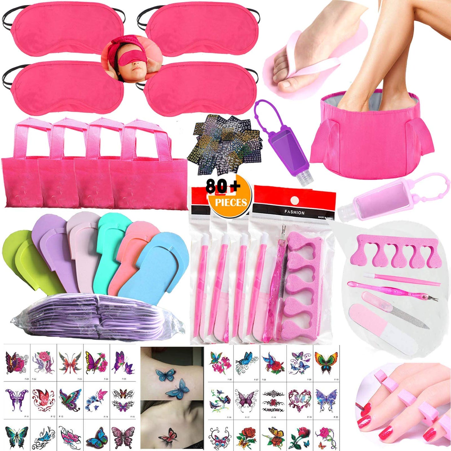 NimJoy Girls Spa Party Supplies Favors for Kids Spa Experience, 80+PCS Multiple Spa Kit w/Spa Masks Slippers Bottle Fold Bath Basin Bags Mixed Nail Decals Nail File Toe Separator & More Mani Pedi Set