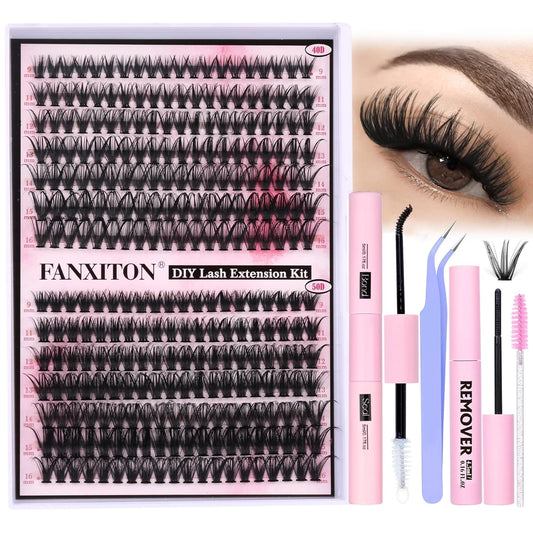 FANXITON DIY Lash Extension Kit Volume Lash Clusters 40D+50D D Curl 280pcs Individual Lashes Thick Eyelash Extension Kit Thin Band Cluster Lashes Lash Remover Lash Bond and Seal and Lash Tweezers