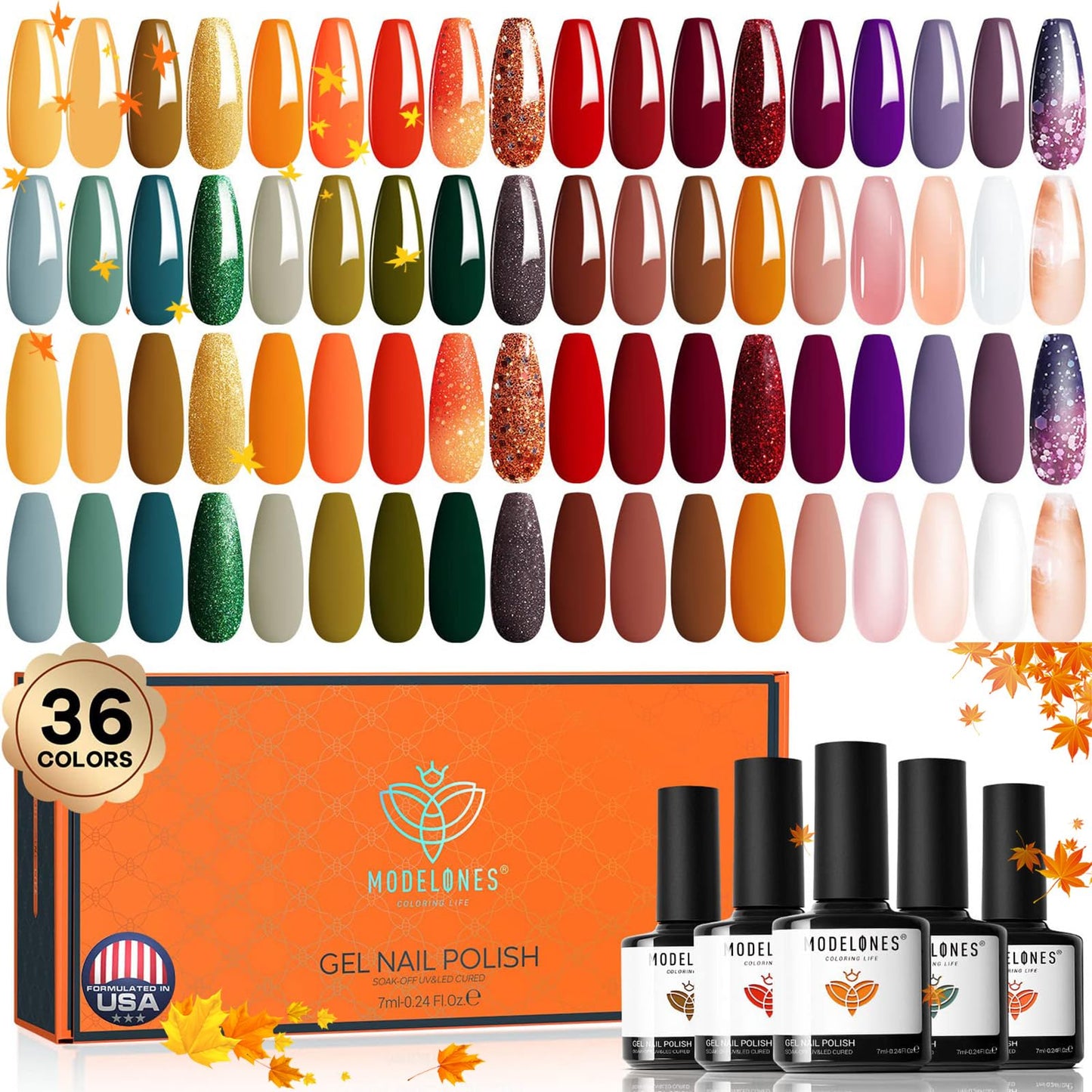 modelones Gel Nail Polish Kit, Fall Gel Polish Set Soak Off Red Orange Green Brown Nail Polish Starter Gel Nail Manicure Kit Home DIY Gift for Women Girls Holidays Halloween