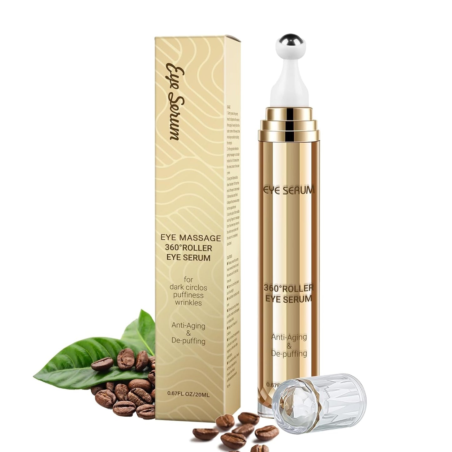 Caffeine Eye Serum, 20ML Under Eye Cream for Dark Circles and Puffiness Eye Care Eye Roller Serum with 360¡ Massage Ball Eye Bags Treatment for Women, Reduce Eye Wrinkles and Fine Lines