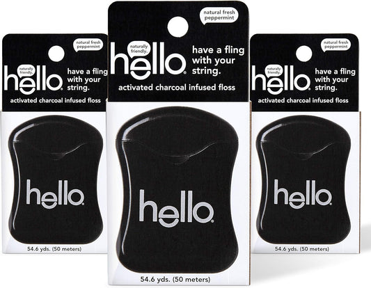 Hello Activated Charcoal Infused Floss Vegan Wax, Fresh Mint, Natural Peppermint Flavor, 3 Count
