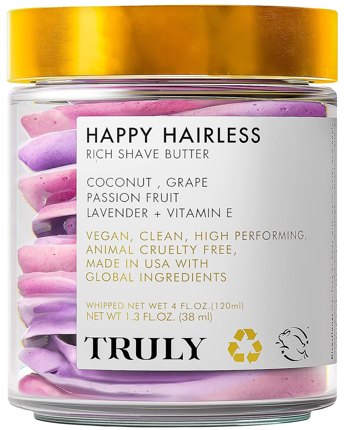 Truly Beauty Happy Hairless Shave Butter - Natural Shaving Cream for Women, Coconut Oil and More for Smooth, Nourished Skin - 1.3 Fl Oz