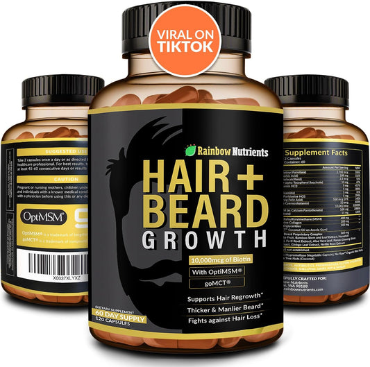 Rainbow Nutrients, LLC Hair + Beard Growth Vitamins for Men | Biotin 10,000mcg, Patented OptiMSM¨, goMCT¨, Saw Palmetto, Collagen | 60 Day Supply | Naturally Regrow Stronger, Thicker, Healthier Hair