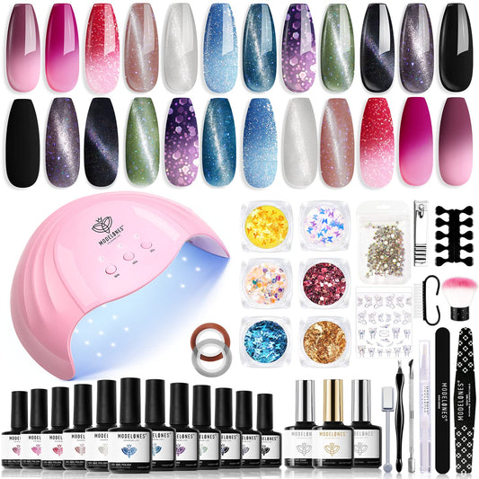 Modelones Cat Eye&Color Changing Gel Nail Polish Kit with U V Light 48W Nail Lamp 12 Colors Gel Polish Kit Gel Base&Top Coat/Nail Art Glitters/Stripping Tapes/Gems/Manicure Tools Salon Decoration Gift