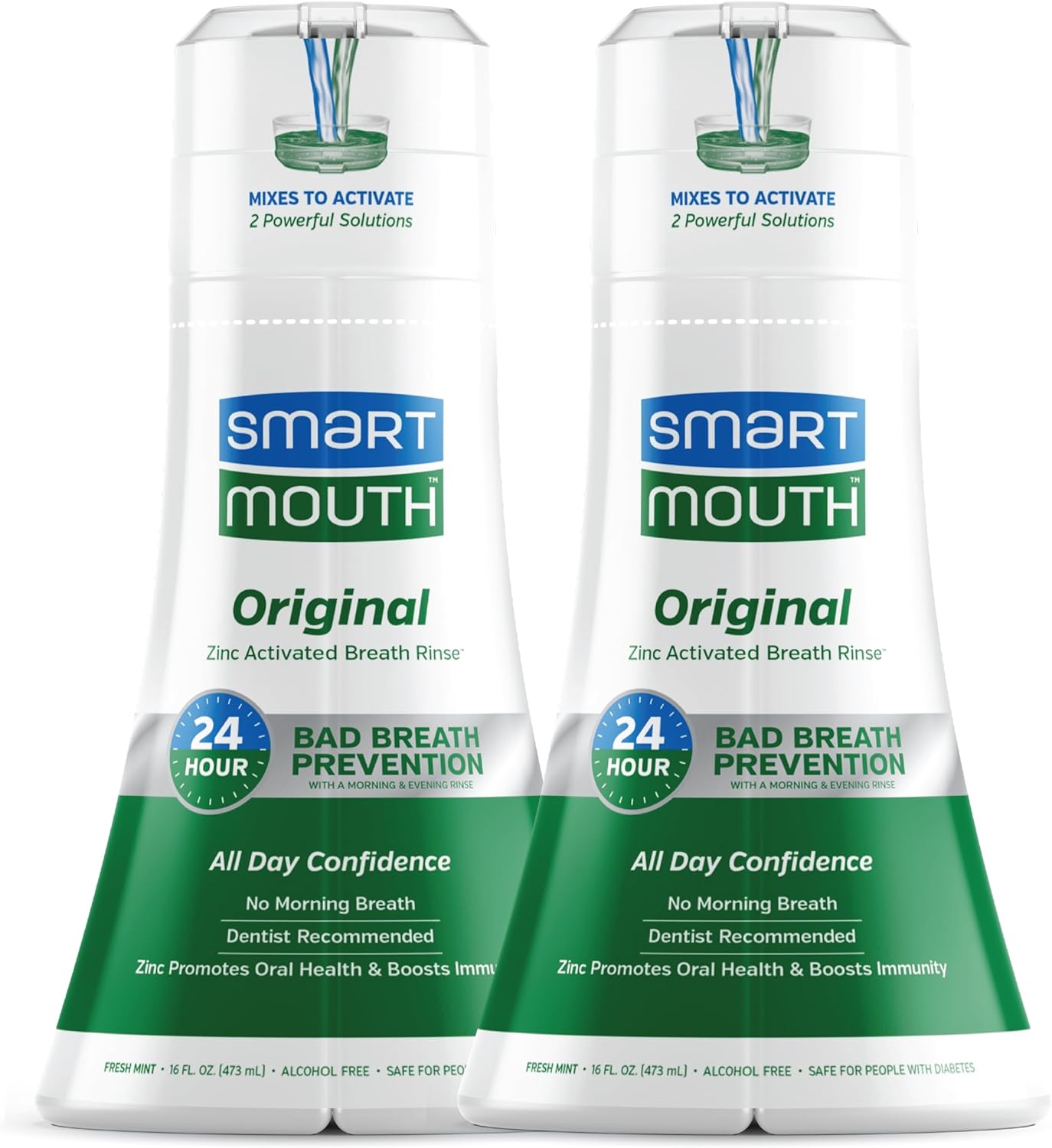 SmartMouth Original Activated Mouthwash for 24 Hour Bad Breath Protection, Fresh Mint, 16 fl oz, 2 PackÉ