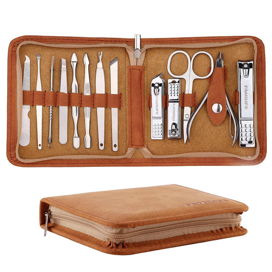 FAMILIFE Manicure Set, Nail Professional Kit Manicure Kit Nail Clipper Set, 13PCS Stainless Steel Nail Care Kit Pedicure Set Mens Grooming Kit, Mens Manicure Set with Brown Leather Travel Case for Men