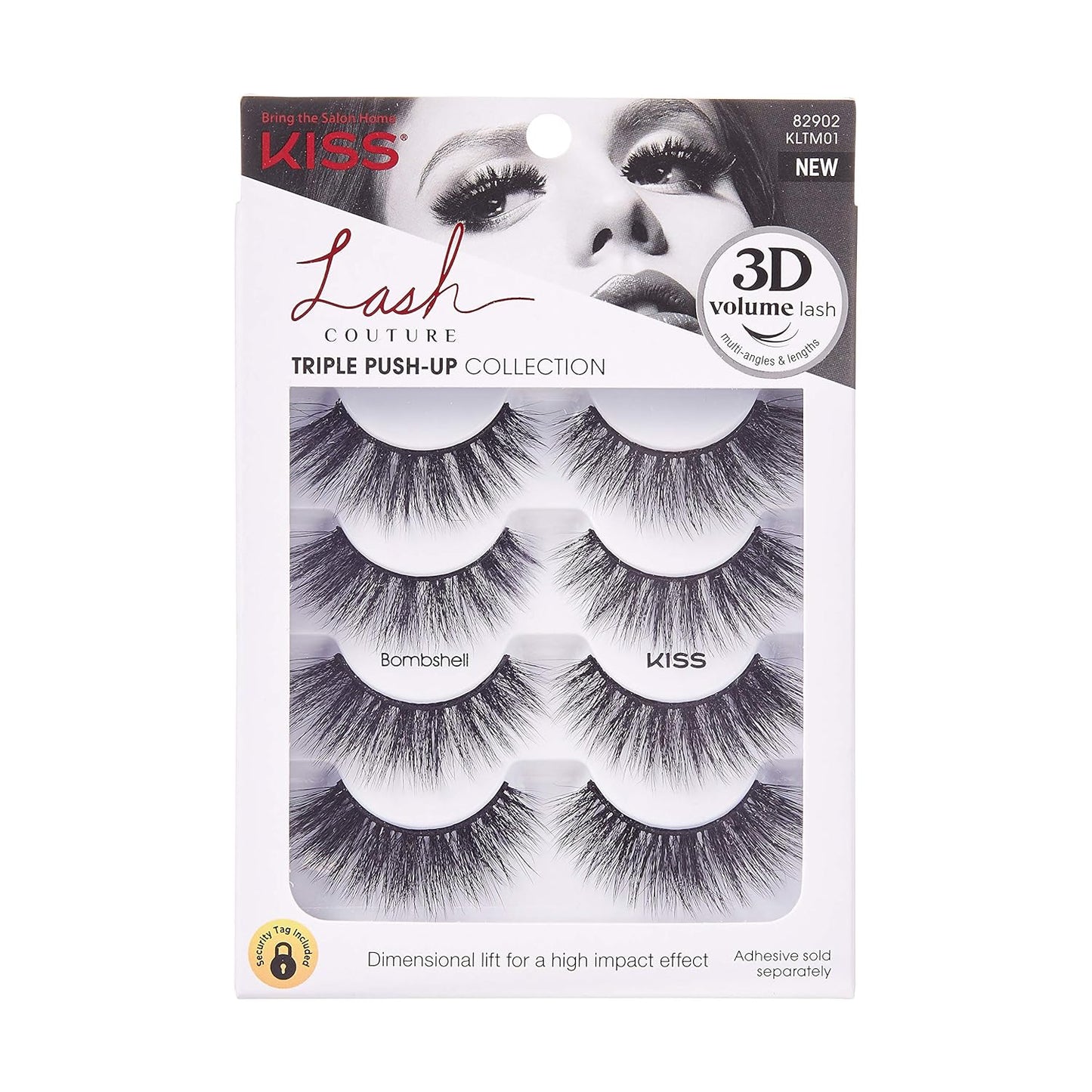 KISS Lash Couture Triple Push-Up False Eyelashes, Bombshell', 14 mm, Includes 4 Pairs Of Lashes, Contact Lens Friendly, Easy to Apply, Reusable Strip Lashes