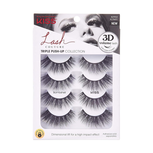 KISS Lash Couture Triple Push-Up False Eyelashes, Bombshell', 14 mm, Includes 4 Pairs Of Lashes, Contact Lens Friendly, Easy to Apply, Reusable Strip Lashes