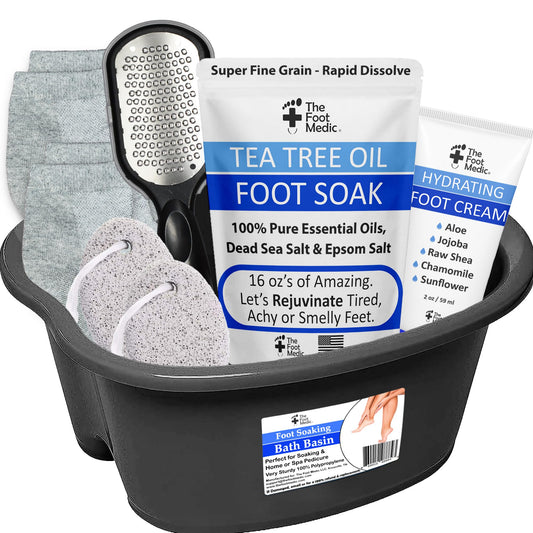 Sturdy Foot Bath Soaking Basin Tub Set: 16 oz Foot Soak, Foot File, Foot Cream, 2 Pumices, 2 Pairs Moisturizing Socks, Foot Care Gift, Foot Spa Kit Bucket, Pedicure Bowl