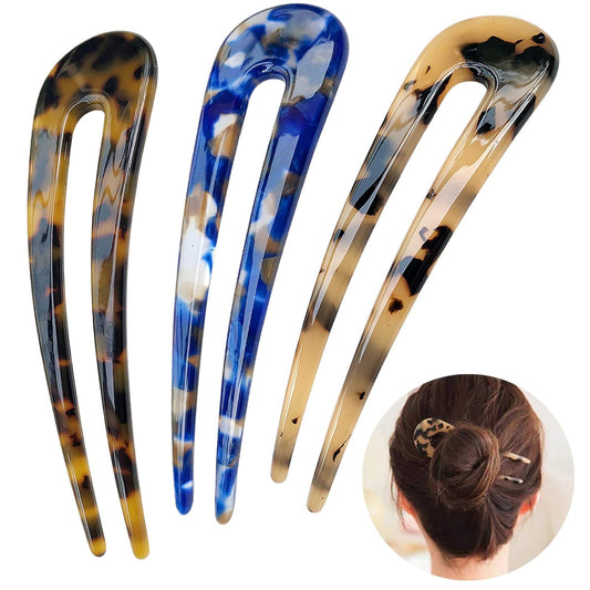 HYFEEL French Hair Forks Tortoise Shell U Shape Updo Hair Pins Clips for Thin Thick Hair, 4.3 inch Classic Cellulose Acetate 2 Prong Bun Hair Sticks Chignon Women Vintage Hairstyle Accessories, 3 Pack
