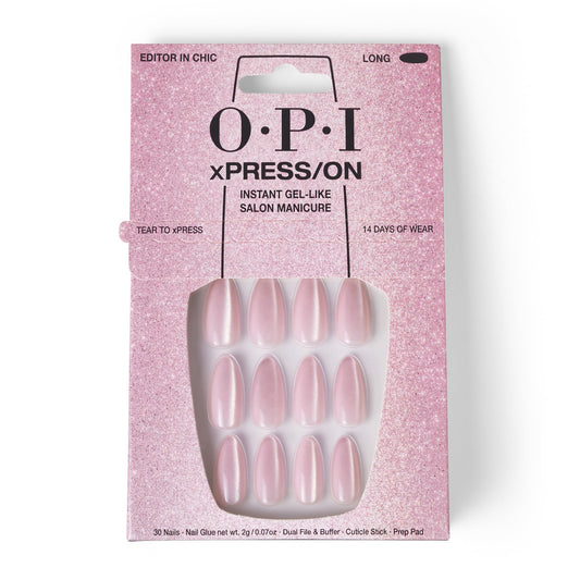 OPI xPRESS/ON Press On Nails, Up to 14 Days of Gel-Like Salon Manicure, Vegan, Sustainable Packaging, With Nail Glue, Long Baby Pink Velvet Almond Shape Nails, Editor in Chic