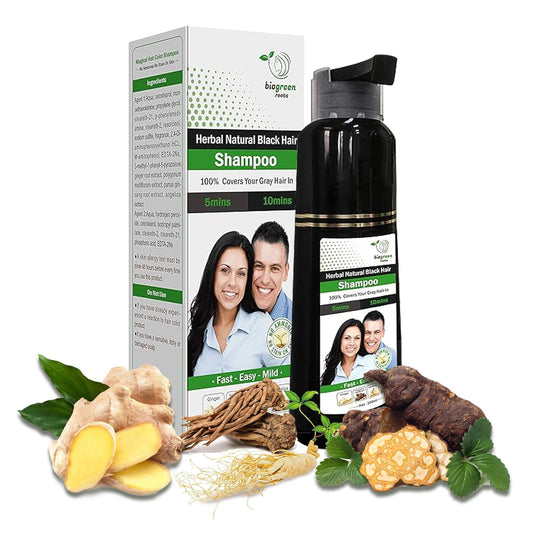 Biogreen Roots Herbal Natural Black Hair Color Shampoo - Grey Hair Coverage in 10 Minutes - Hair Coloring for Men, Women, All Hair Types - Natural Black Hair Dye - 200 ml Size