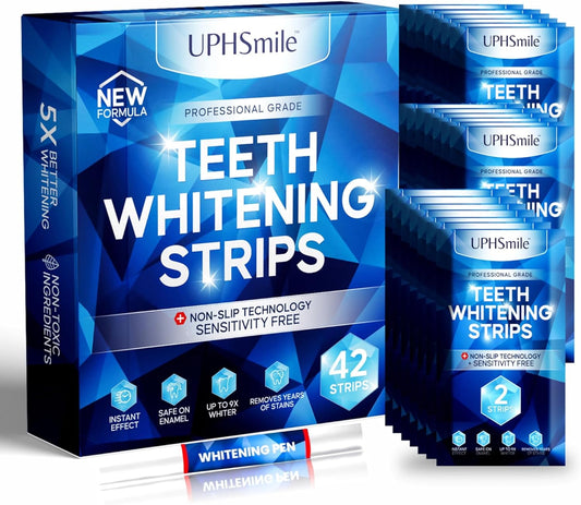 UPHsmile Professional Teeth Whitening Strips - 21 Whitening Sessions - Sensitivity Free - 42 Peroxide Free Whitening Strips - Safe for Enamel 100% Natural-1x2ml Whitening Pen + Mouth Opener Included