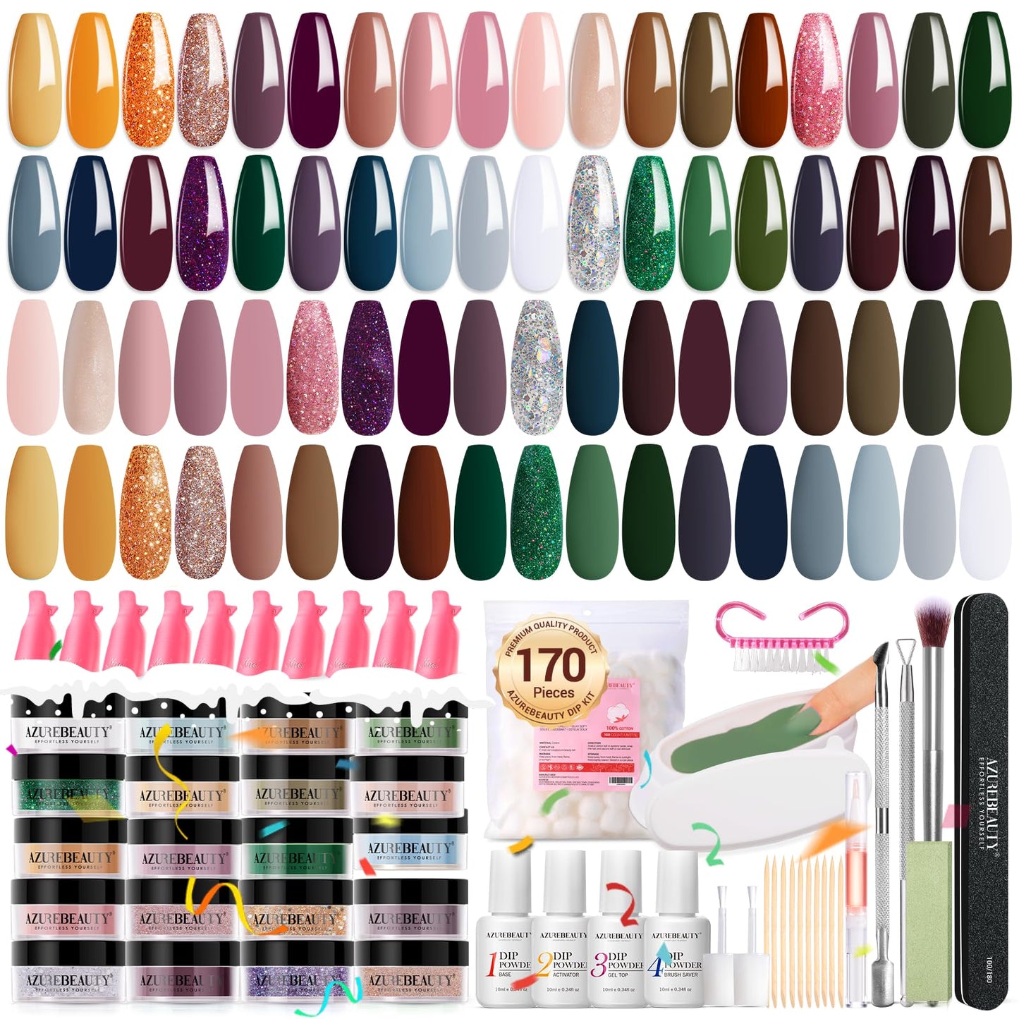 AZUREBEAUTY 170Pcs Dip Powder Nail Kit Starter 36 Colors Dark Brown Green Glitter Fall Winter Dipping Powder with Dip Liquid Set + Nail Removal Accessories Set for Home Manicure Christmas Gift