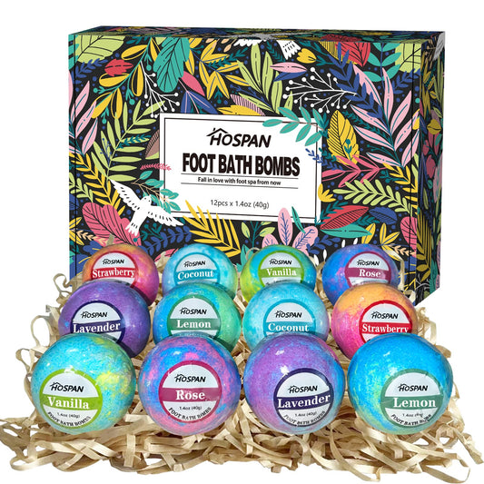 HOSPAN Organic Foot Bath Bombs Gift Set, 12 Essential Oil Rich Foot Soak for Mom and Dad, Handmade Foot Spa Bomb with Wonderful Bubbles, Perfect for Soothes Sore Tired Feet, Dry Feet Moisturize
