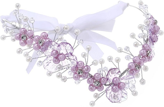 Campsis Fairy Headband Purple Elf Crystal Crown Flower Elven Tiaras V-Shape Bride Hair Accessories Halloween Cosplay Costume Headwear for Women and Girls