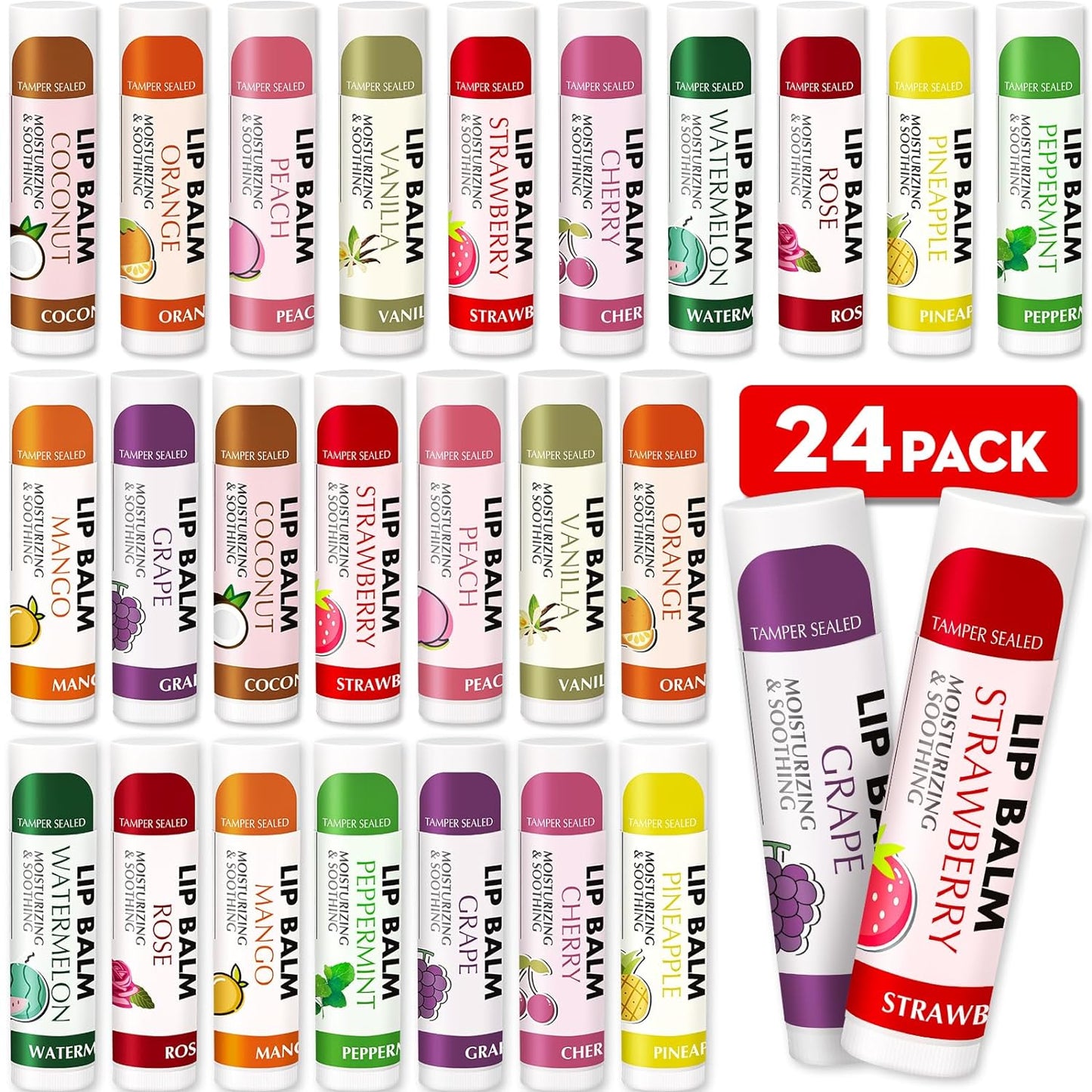 AZEN 24 Pack Lip Balm Stocking, Natural Lip Balm Bulk, Moisturizing Lip Balm for Dry Lips