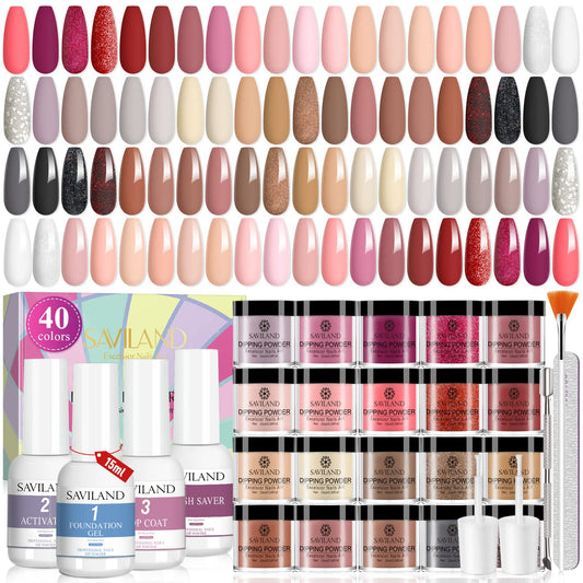 Saviland 49PCS Dip Nails Powder Starter Kit - 40 Colors Hot Pink Red Gentle Nude Glitter Dip Powder Liquid Set with Base & Top Coat Activator Brush Saver Manicure Tool for French Nail Art Salon DIY