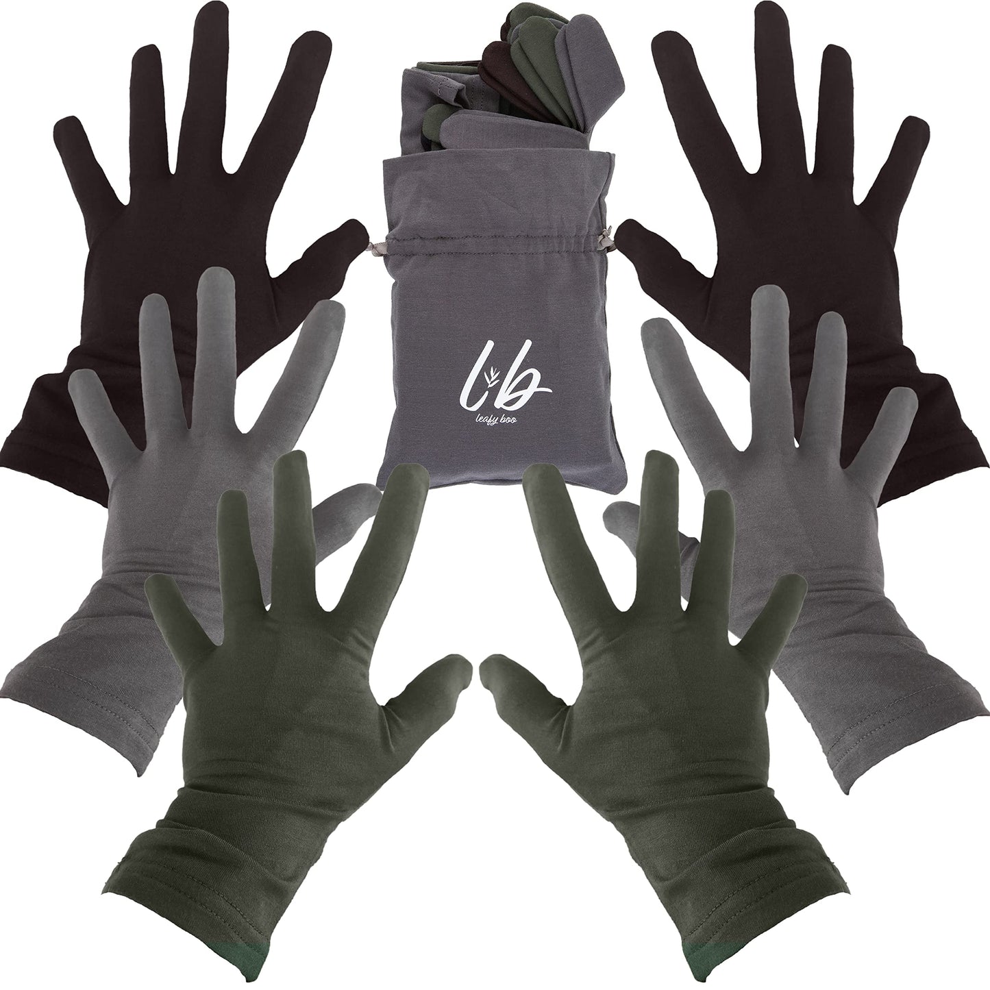 Leafy Boo Bamboo Gloves for Eczema, Medium, Women and Men, Dry Hands, Overnight Moisturizing Gloves, 3 Pairs