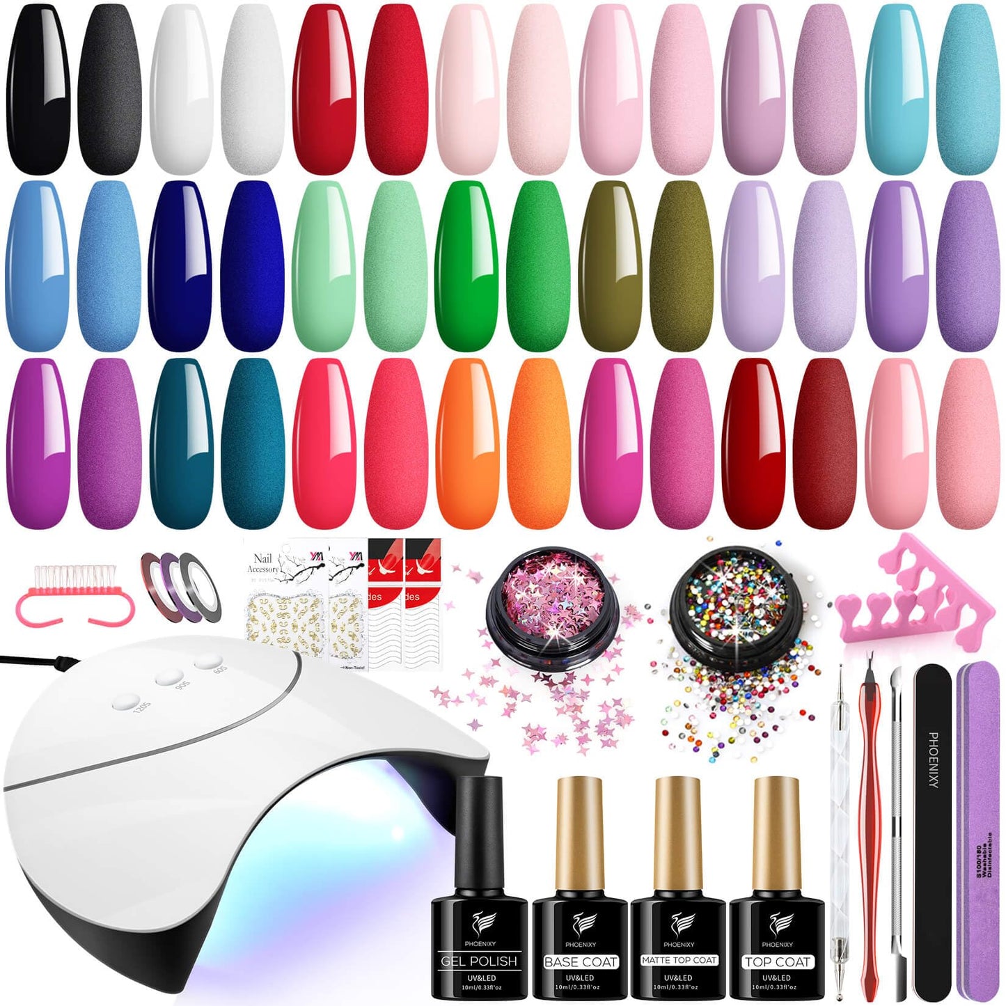 Phoenixy Gel Nail Polish Set - 42Pcs Gel Nail Polish Kit with U V Light 21 All Season Colors Gel Nail Kit with Matte Gel Top Coat Nail Art Tools Nail Polish Set Gifts for Women