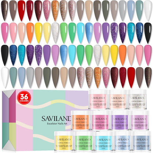 Saviland Acrylic Powder Set - 36 Colors Acrylic Powder for Nails Pigmented Easy to Use Acrylic Nail Powder Set for Beginners Nail Extension Nail Carving Home DIY & Nail Salon No Nail Lamp Needed