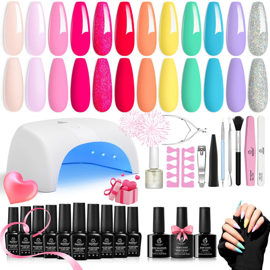 Beetles Gel Nail Polish Kit 36W Led Nail Lamp 12 Colors, Spring Summer Pastel Purple Blue Green Red Glitter Gel Polish Starter Kit Manicure Soak off Led Nude Gel Gifts for Women