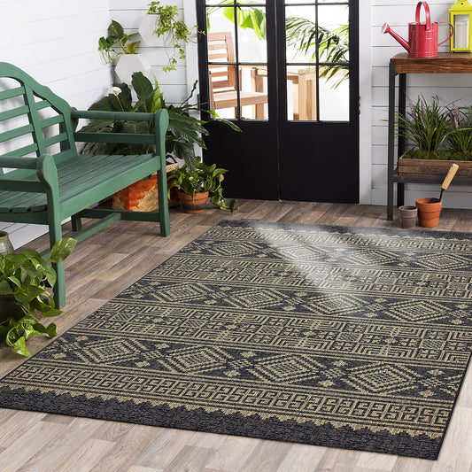 LR Home Silveria Geometric Black/Brown 5' X 8' Indoor/Outdoor Patio Rectangle Area Rug