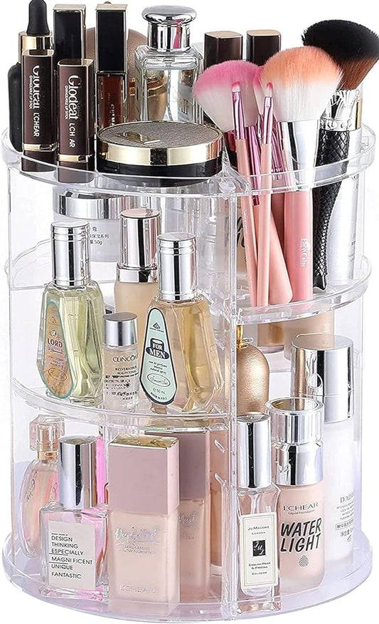 Cq acrylic 360 Degree Rotating Makeup Organizer for Bathroom,4 Tier Adjustable Cosmetic Storage Cases and Make Up Holder Display Cases,Clear