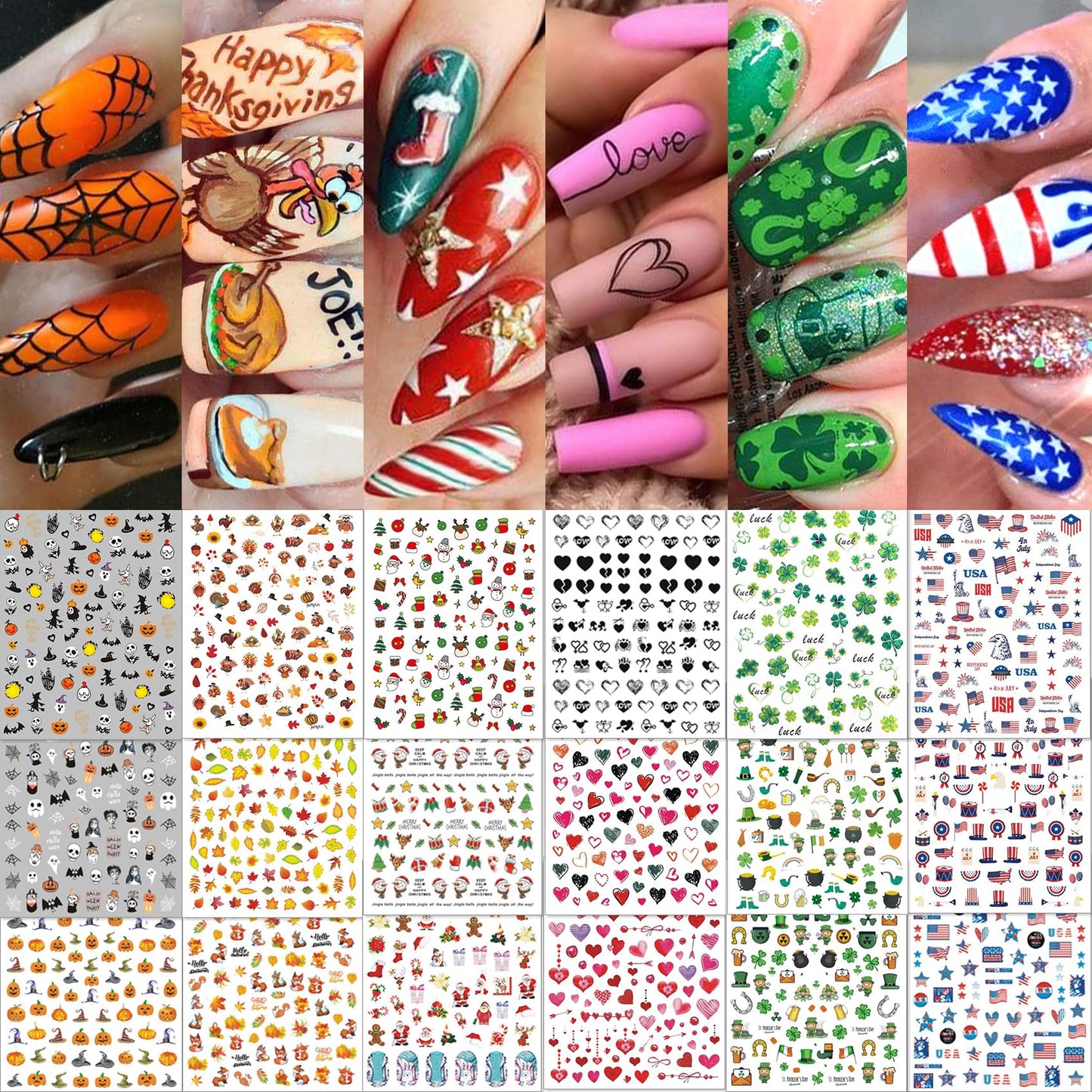 TailaiMei 30 Sheet All Holidays Nail Art Stickers, Christmas Mixed Seasons Variety Pack for Valentine's Day Halloween Fall Nail Decals, Self-Adhesive Year-Round Thanksgiving Nail Decorations