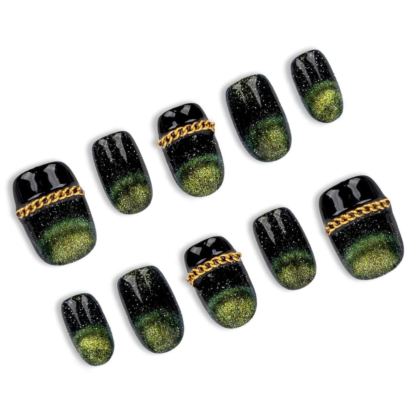 VRAIKO Press On Nails - Elf Forest, Green Cat Eye Effect Fake Nails Medium Squoval Shape, UV Finish, Thick False Nails Acrylic and Gel Made, Reusable, 5 Sizes - 10 Nail Kit with Glue and Tabs (M)