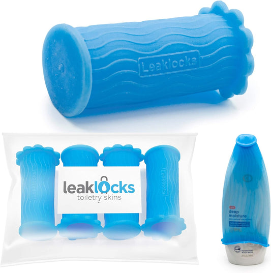 LeakLocks¨ Toiletry Skins 4-Pack, Elastic Sleeves for Leak Proofing Travel Containers in Luggage, Reusable Bottle Cover Sleeves for Plane, Train, Cruise, Bag Suitcase & Carry-on (Nautical Blue)
