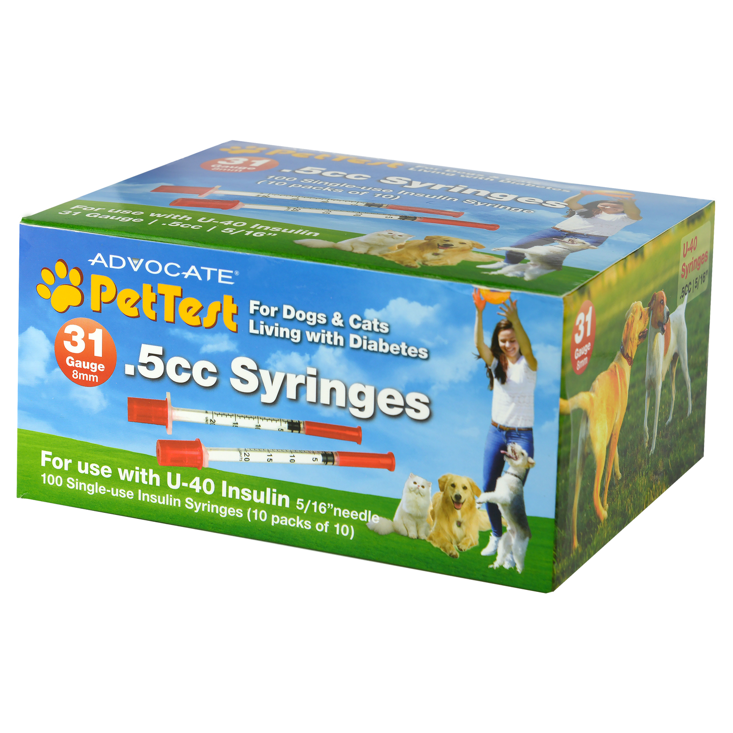 PetTest U-40 Pet Insulin Syringes With Needles - Comfortable Thin 31 Gauge Needles - For Cats & Dogs