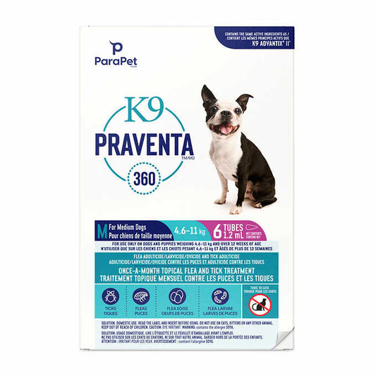 Parapet K9 Praventa 360 Flea and Tick Treatment for Dogs 4.6kg to 11kg, 6 Tubes